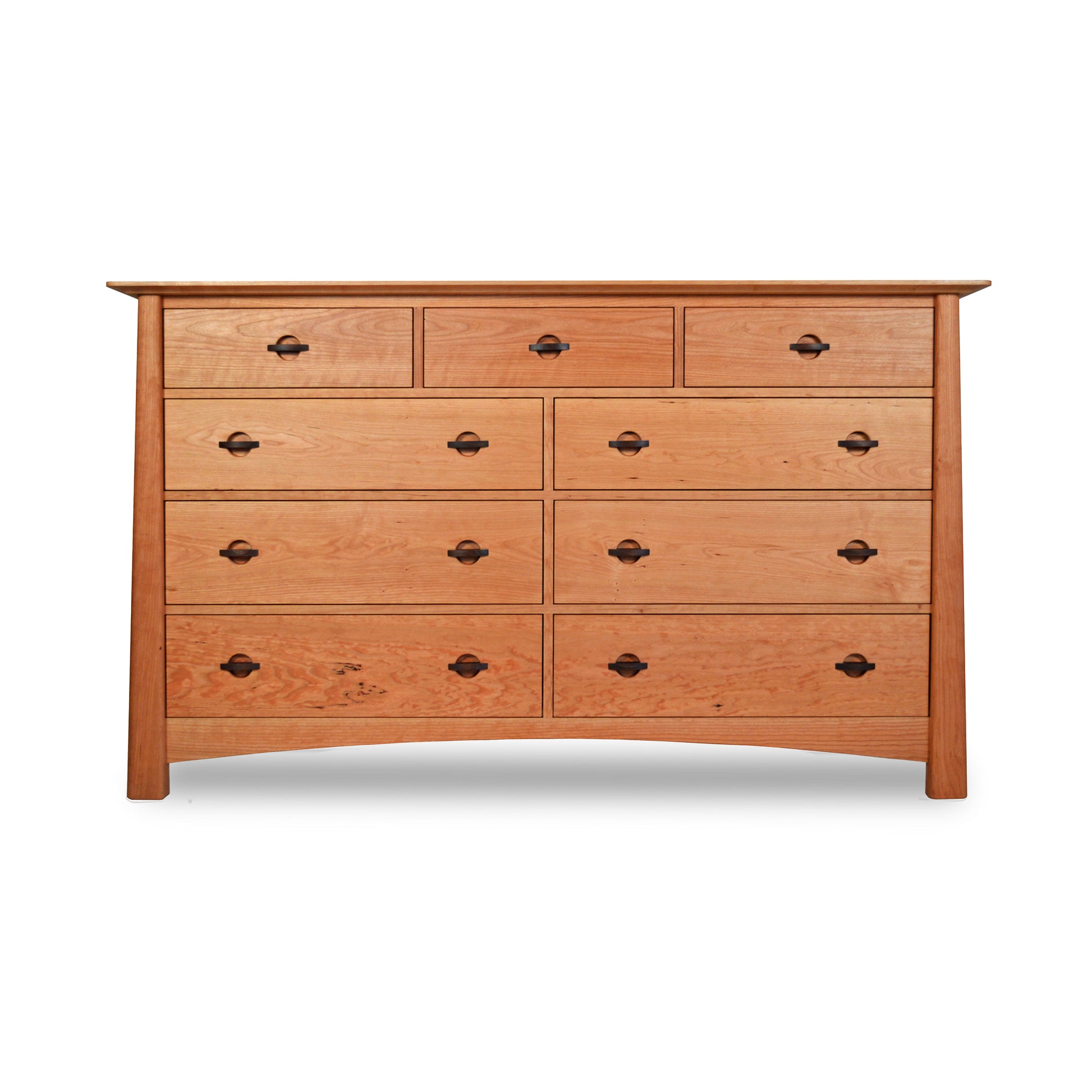 A handmade Cherry Moon 9-Drawer Dresser by Maple Corner Woodworks, featuring a symmetrical layout with three smaller drawers across the top and six larger drawers below, all with round handles, against a white background.