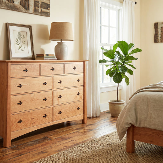 Maple Corner Woodworks Cherry Moon 9-Drawer Dresser in cherry wood, showcasing expert American craftsmanship and spacious storage.
