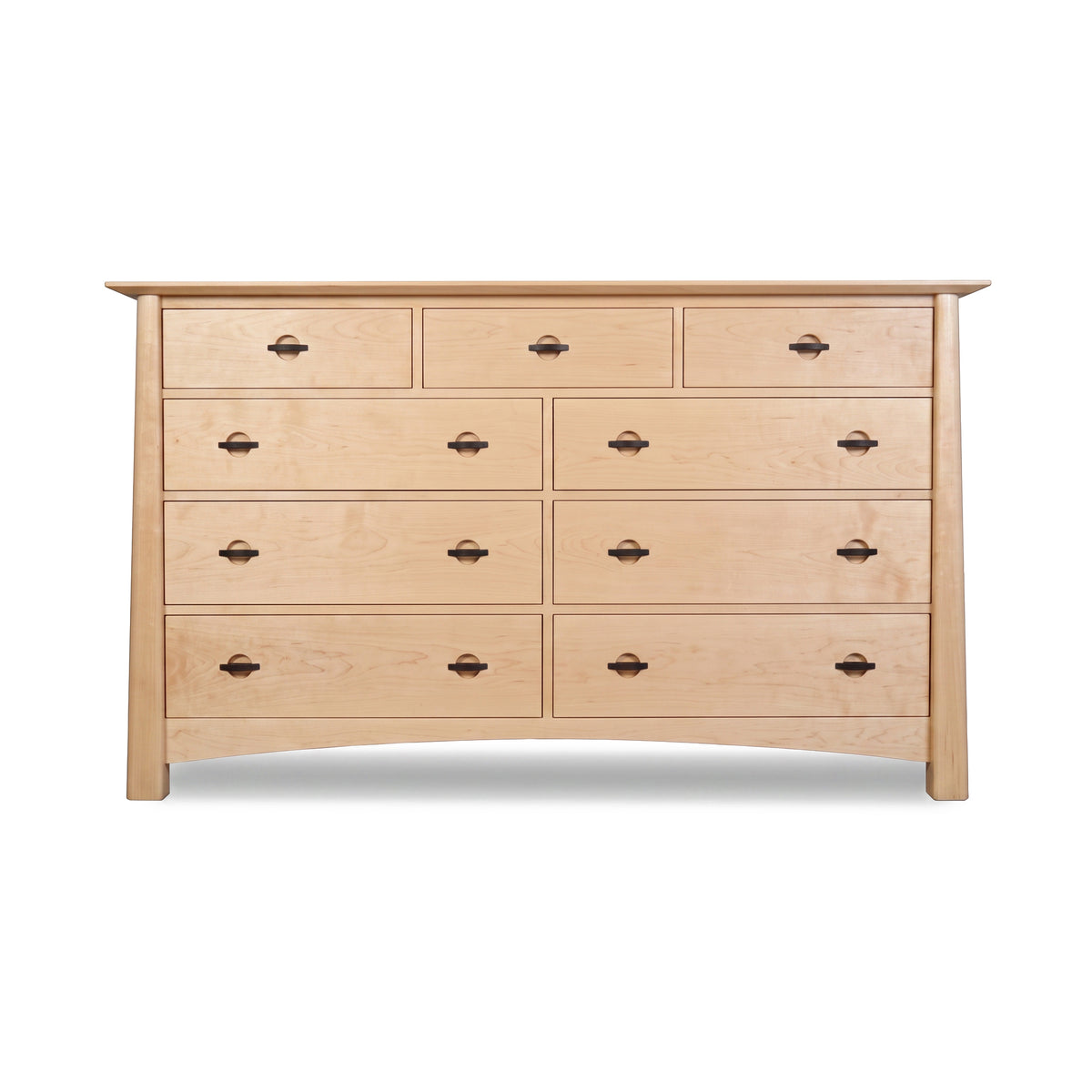 Cherry Moon 9-Drawer Dresser by Maple Corner Woodworks, handcrafted in Vermont cherry wood with dark metal handles.