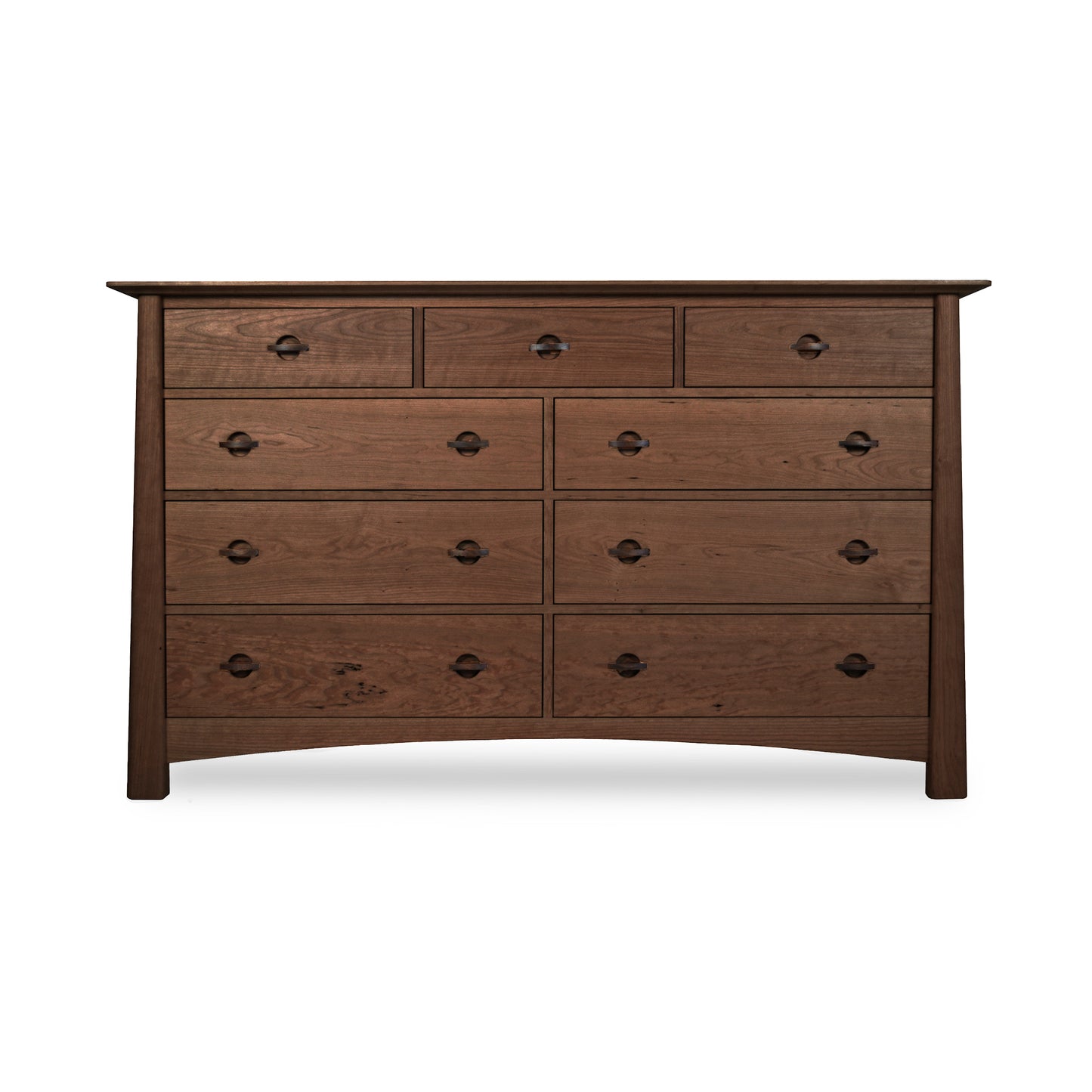 Cherry Moon 9-Drawer Dresser by Maple Corner Woodworks with dark metal handles, three small upper drawers and six spacious lower drawers; crafted from eco-friendly materials for a luxurious and sustainable bedroom centerpiece.