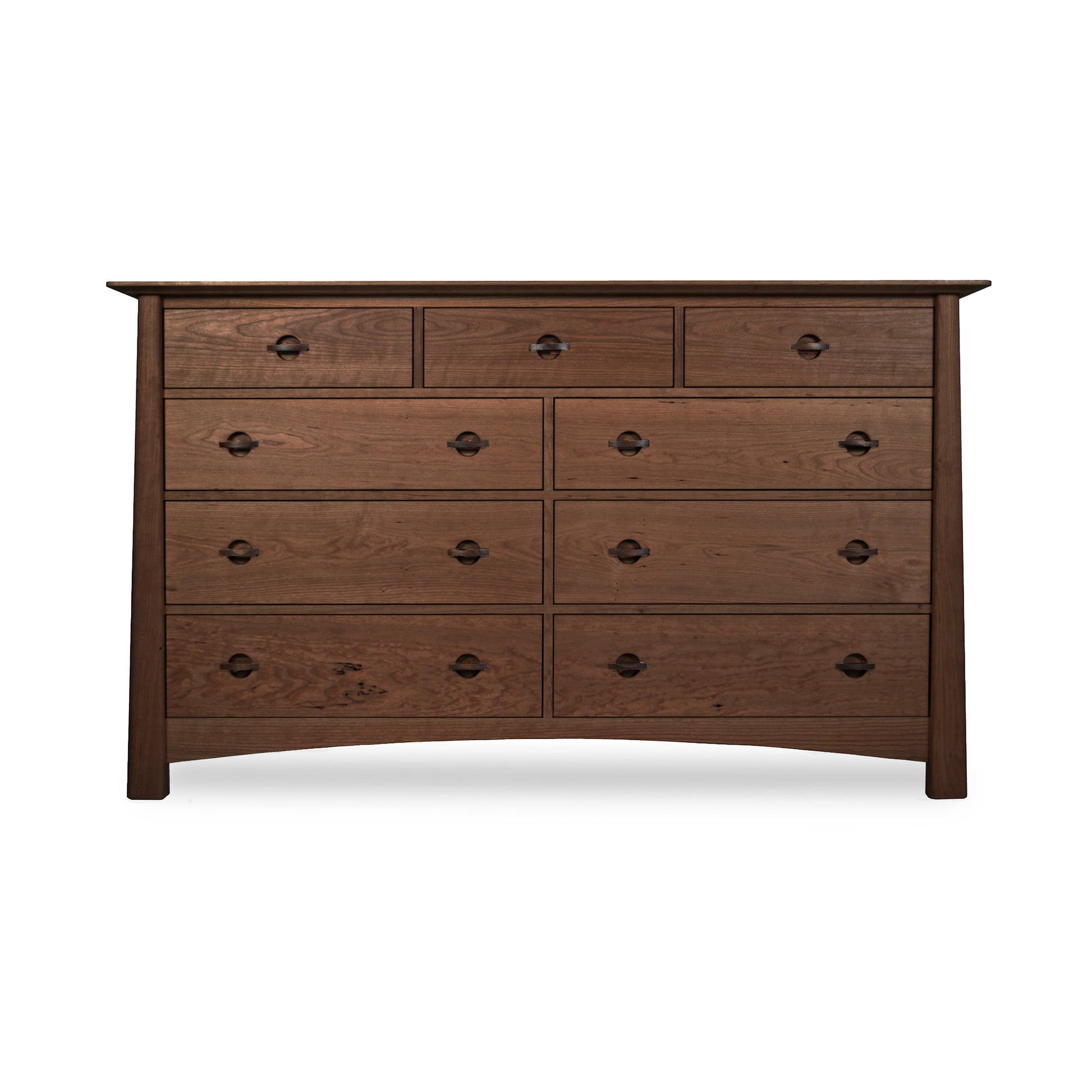 Cherry Moon 9-Drawer Dresser by Maple Corner Woodworks with dark metal handles, three small upper drawers and six spacious lower drawers; crafted from eco-friendly materials for a luxurious and sustainable bedroom centerpiece.