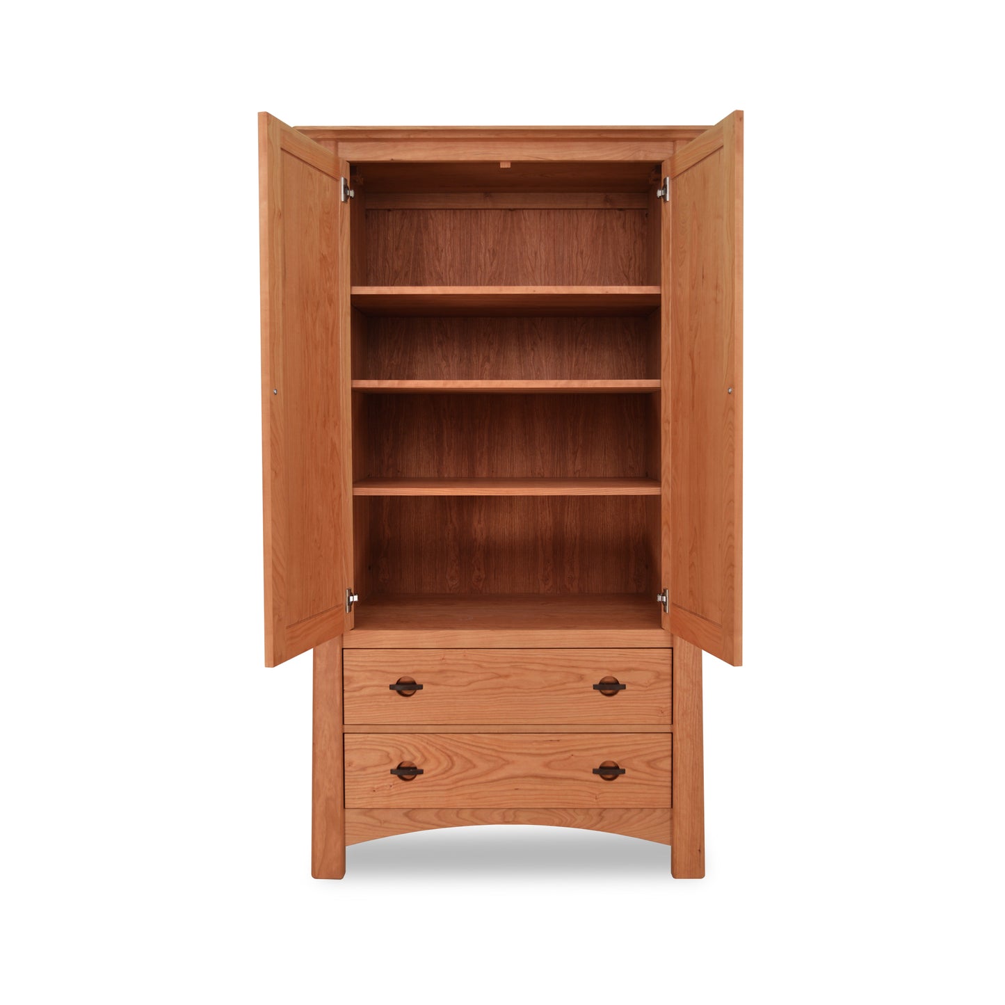 A Maple Corner Woodworks Cherry Moon Armoire with open doors, revealing four shelves and two lower drawers, set against a white background.