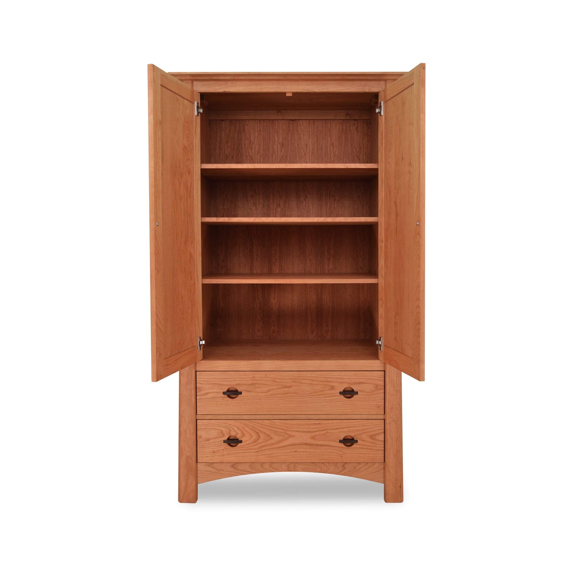 Cherry Moon Armoire by Maple Corner Woodworks showcasing solid hardwood with two doors, spacious shelves, and two closed drawers exemplifying Vermont craftsmanship.