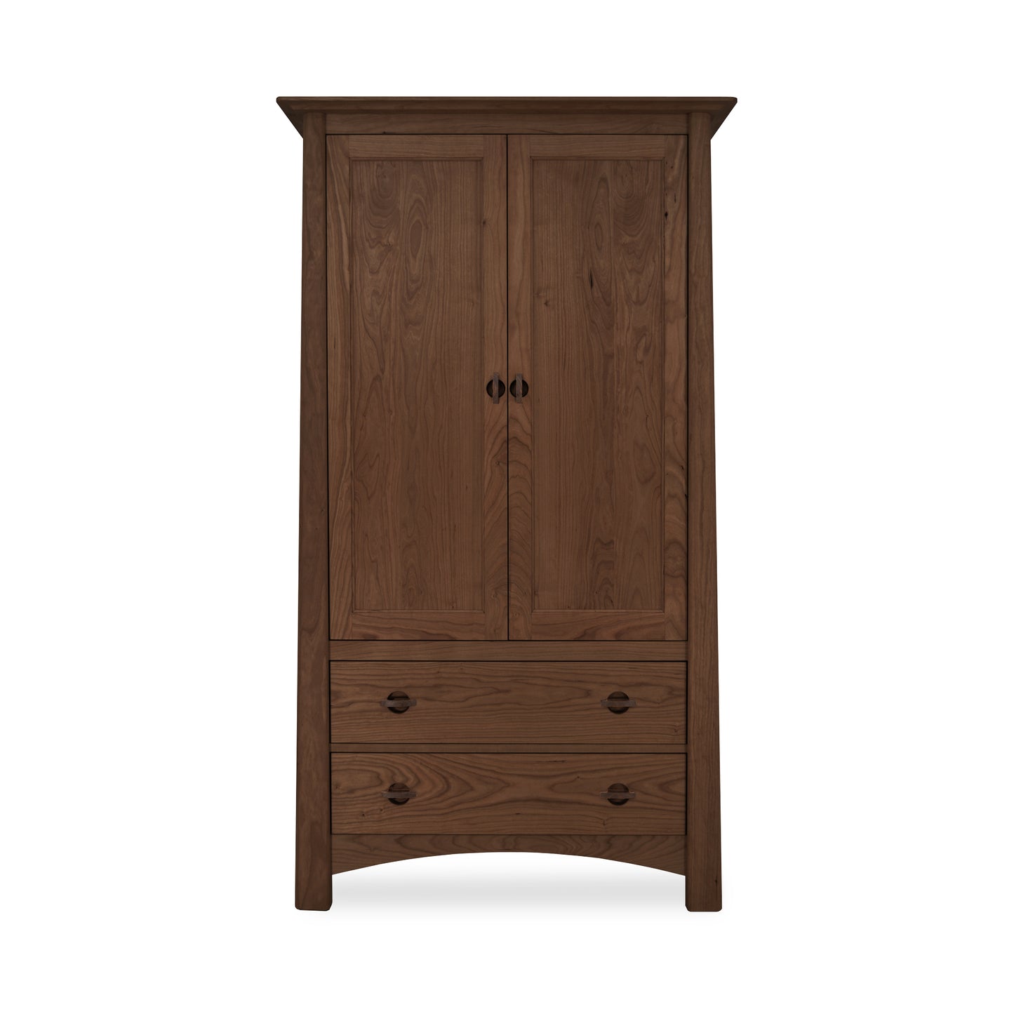 A dark brown Cherry Moon Armoire, showcasing Maple Corner Woodworks craftsmanship, with two doors and a drawer at the bottom, set against a plain white background. The wardrobe features a simple, classic design with rounded handles on the.