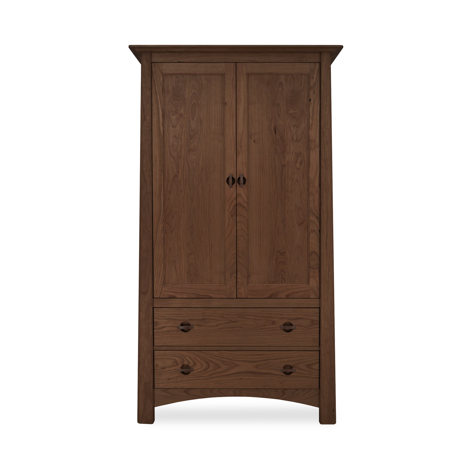 A dark brown Cherry Moon Armoire, showcasing Maple Corner Woodworks craftsmanship, with two doors and a drawer at the bottom, set against a plain white background. The wardrobe features a simple, classic design with rounded handles on the.