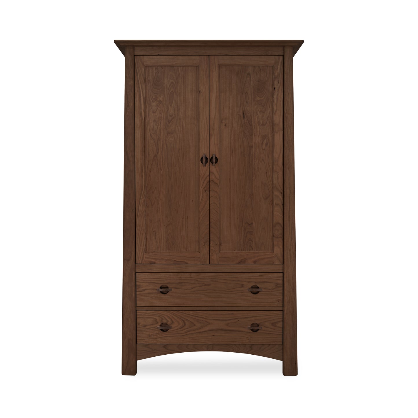 Cherry Moon Armoire by Maple Corner Woodworks, showcasing Vermont craftsmanship with its tall solid hardwood construction, featuring two doors and two drawers with round handles.