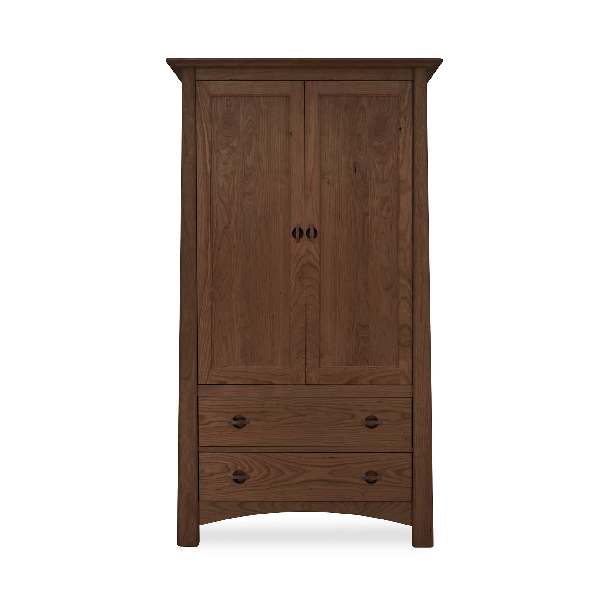 Cherry Moon Armoire by Maple Corner Woodworks, showcasing Vermont craftsmanship with its tall solid hardwood construction, featuring two doors and two drawers with round handles.
