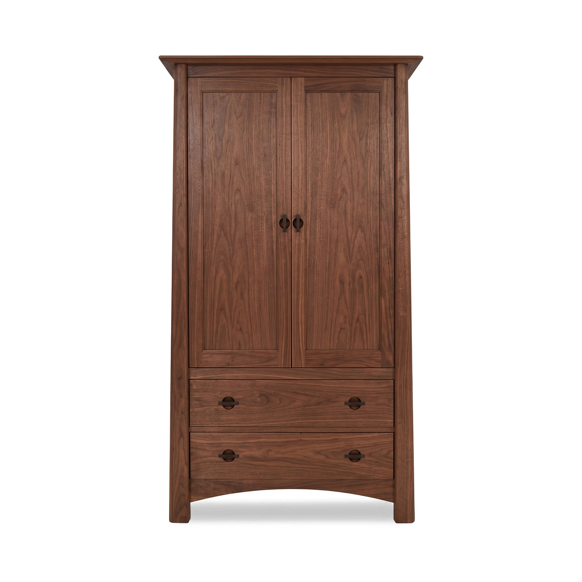 Cherry Moon Armoire by Maple Corner Woodworks, showcasing Vermont craftsmanship with its tall solid hardwood construction, featuring two doors and two drawers with round handles.