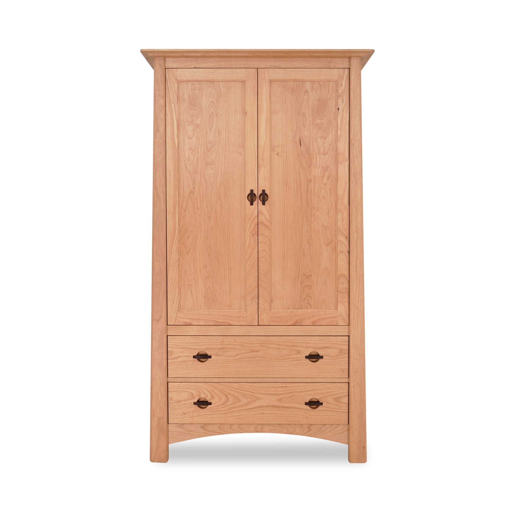 A Maple Corner Woodworks Cherry Moon Armoire with two doors and two lower drawers, featuring round handles and a plain, light wood finish. It stands against a white background.