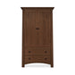 A luxurious Cherry Moon Armoire from Maple Corner Woodworks with a dark stain featuring two doors and a bottom drawer, set against a plain white background.