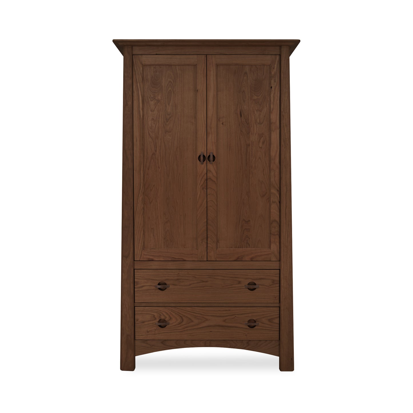 A luxurious Cherry Moon Armoire from Maple Corner Woodworks with a dark stain featuring two doors and a bottom drawer, set against a plain white background.