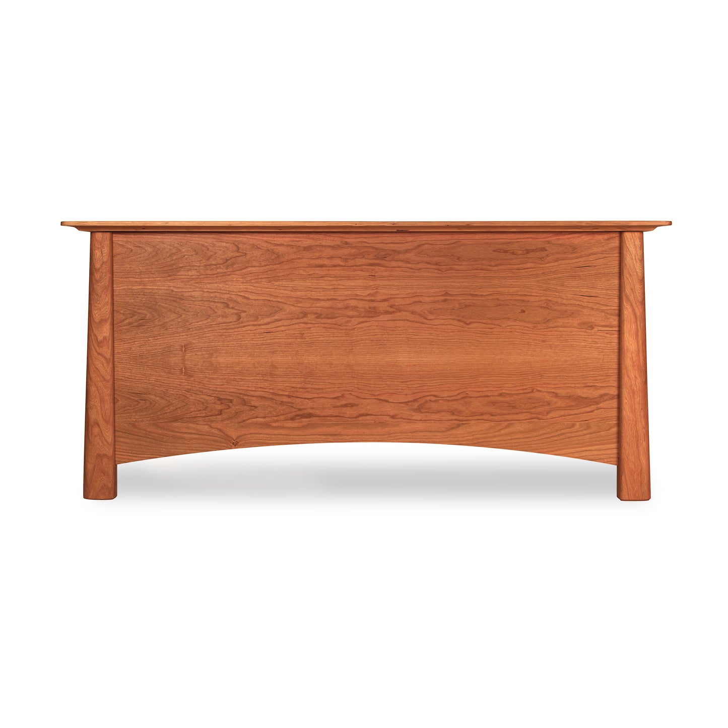 Cherry Moon Blanket Chest with curved front panel and tapered legs, crafted from light brown American hardwoods by Maple Corner Woodworks.