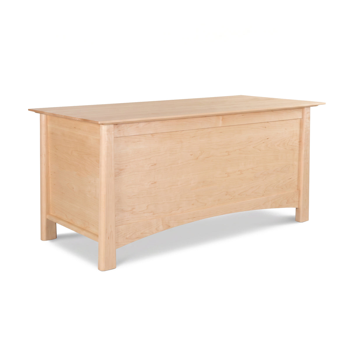 Cherry Moon Blanket Chest highlighting Vermont craftsmanship, crafted from luxurious American hardwoods with a smooth surface, solid front panel, and gracefully curved wooden legs.