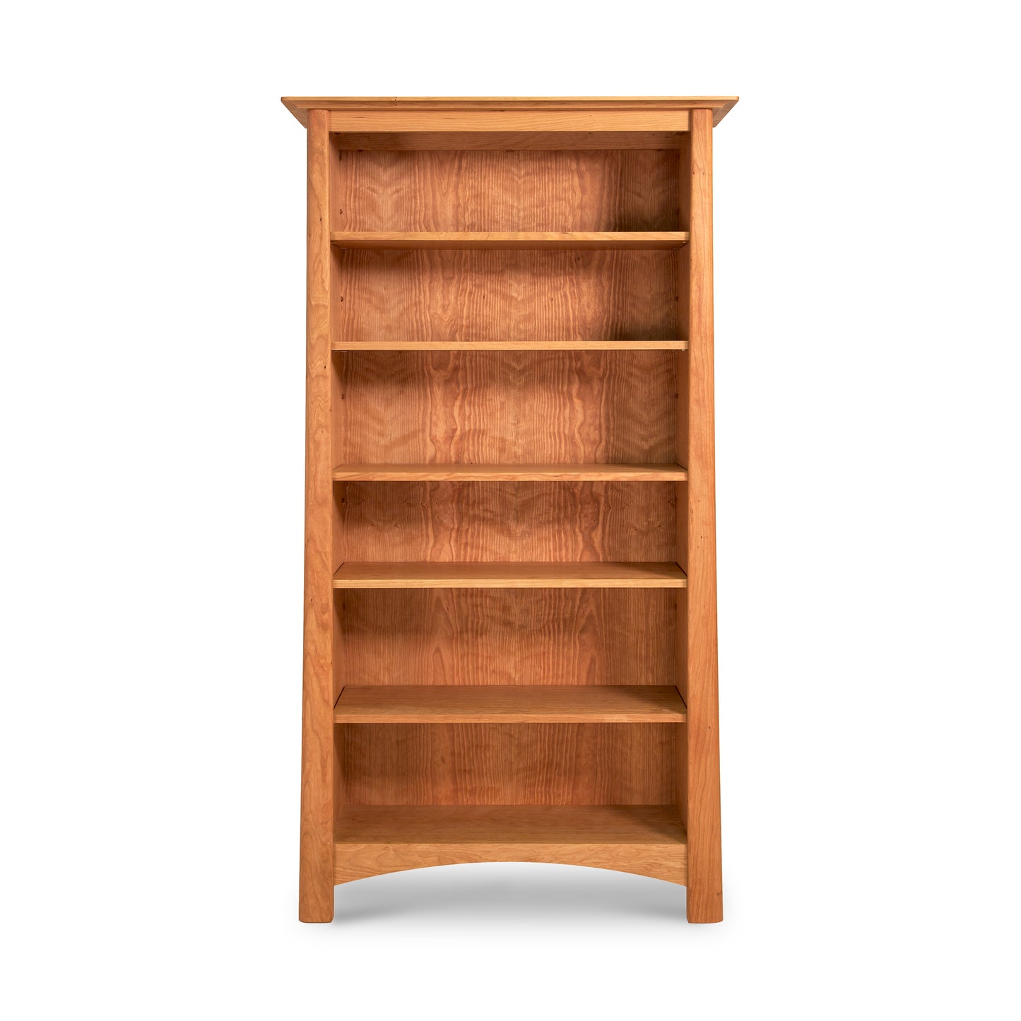 Stylish Cherry Moon Bookcase by Maple Corner Woodworks with five shelves crafted from sustainably sourced hardwoods, highlighting its elegant design and customizable options.