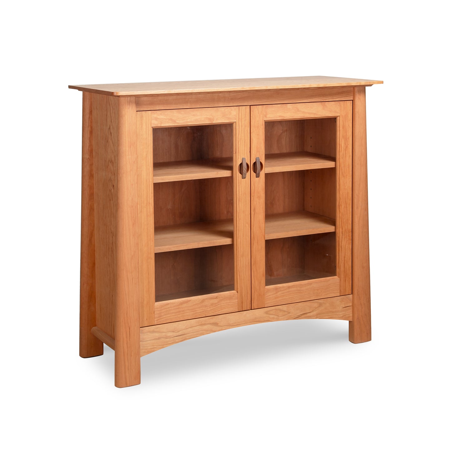 Cherry Moon Bookcase by Maple Corner Woodworks, handcrafted in Vermont from sustainable hardwood, features glass doors and three spacious shelves.