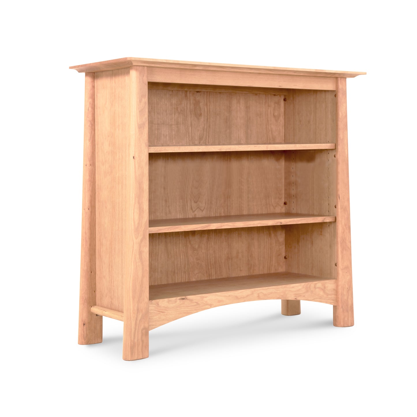 A Maple Corner Woodworks Cherry Moon wooden bookcase with three shelves, isolated on a white background.