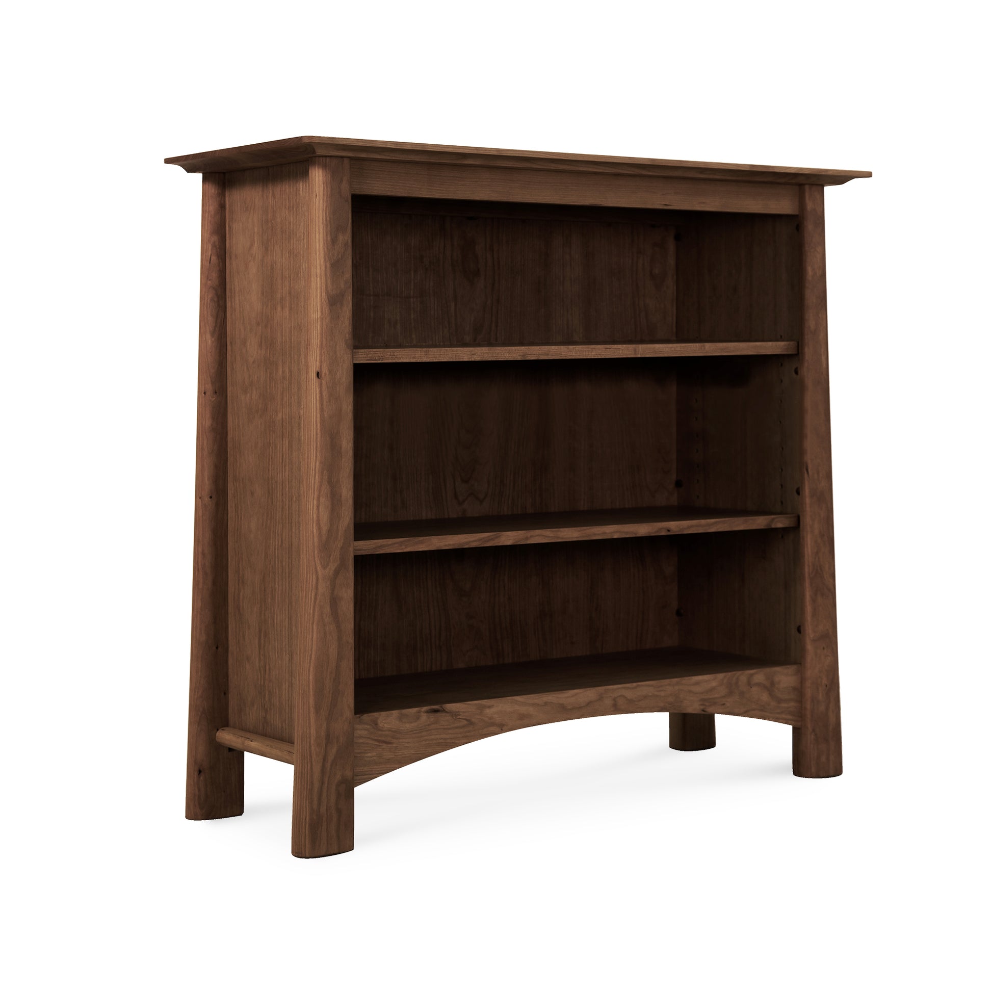 Cherry Moon Bookcase by Maple Corner Woodworks with dark brown finish, three shelves, and a sturdy design crafted from sustainably harvested hardwoods.