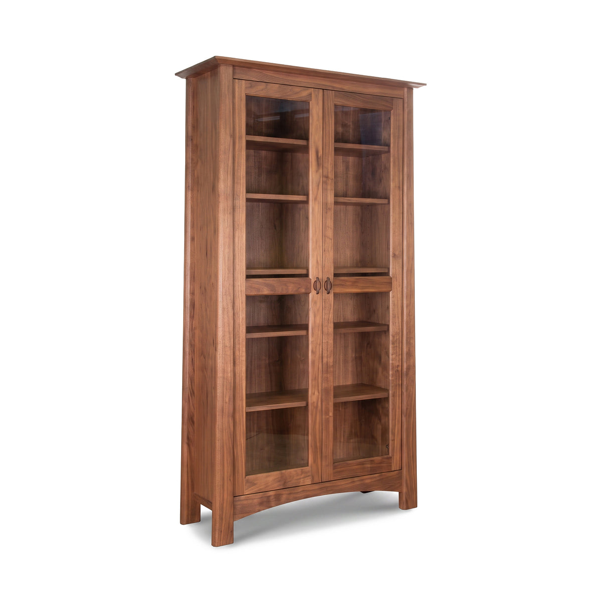 Cherry Moon Bookcase by Maple Corner Woodworks, handmade in Vermont from sustainable cherry, with glass doors, five shelves, and four sturdy legs.