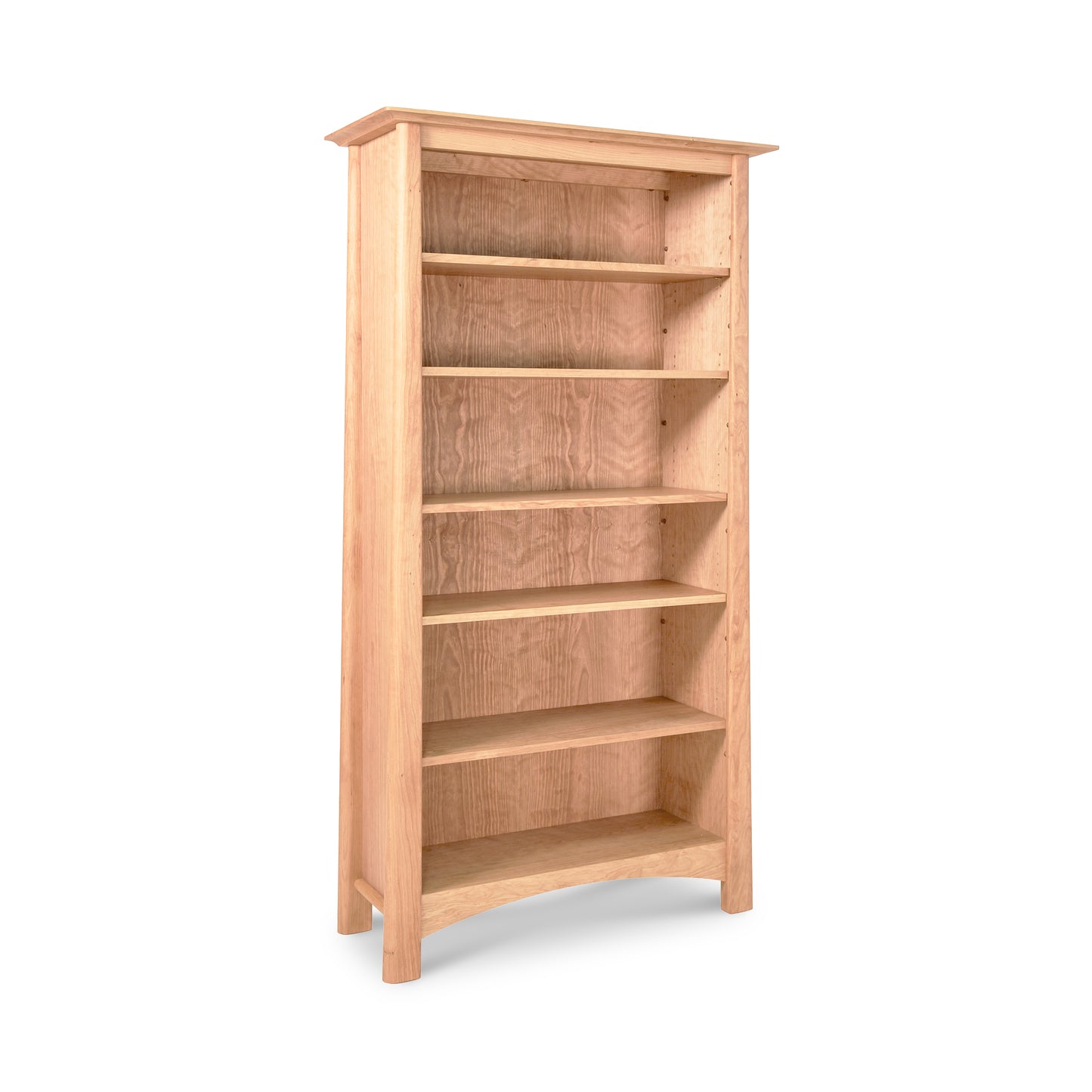 A tall Maple Corner Woodworks Cherry Moon bookcase with five shelves, crafted from sustainably harvested hardwoods, isolated on a white background.