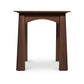 A Cherry Moon End Table crafted from solid hardwoods with a dark brown finish, featuring an arched base design and a flat rectangular top, isolated on a white background by Maple Corner Woodworks.