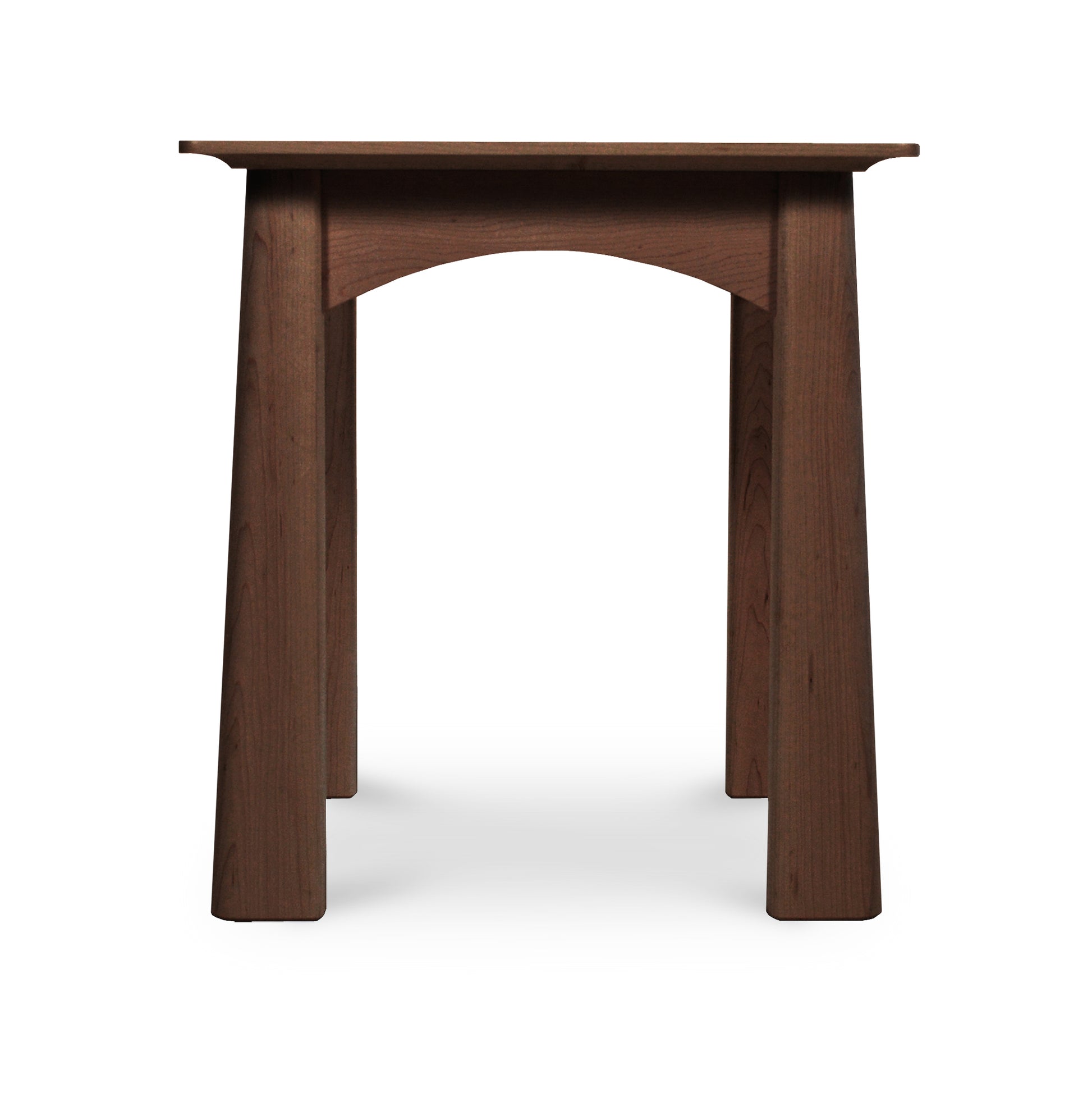 A Cherry Moon End Table crafted from solid hardwoods with a dark brown finish, featuring an arched base design and a flat rectangular top, isolated on a white background by Maple Corner Woodworks.