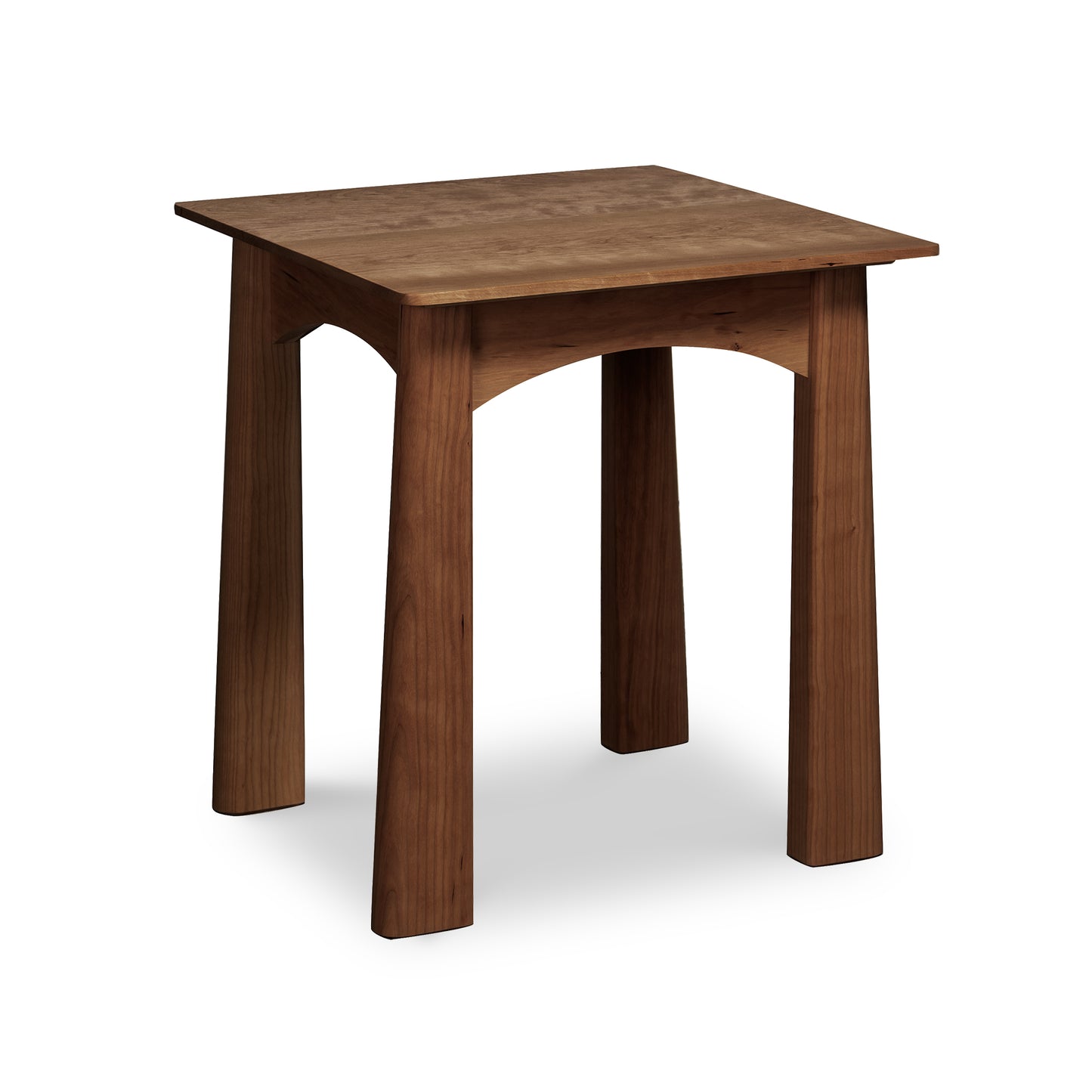 Cherry Moon End Table by Maple Corner Woodworks featuring solid cherry hardwood, square top, gently curved apron, and four sturdy legs.