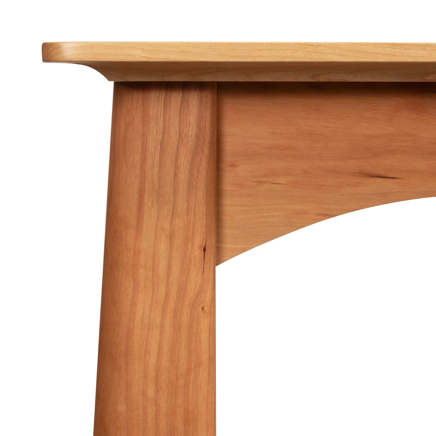 Cherry Moon End Table by Maple Corner Woodworks, handcrafted in Vermont from solid cherry hardwood, with a focus on the table’s unique leg and edge details.