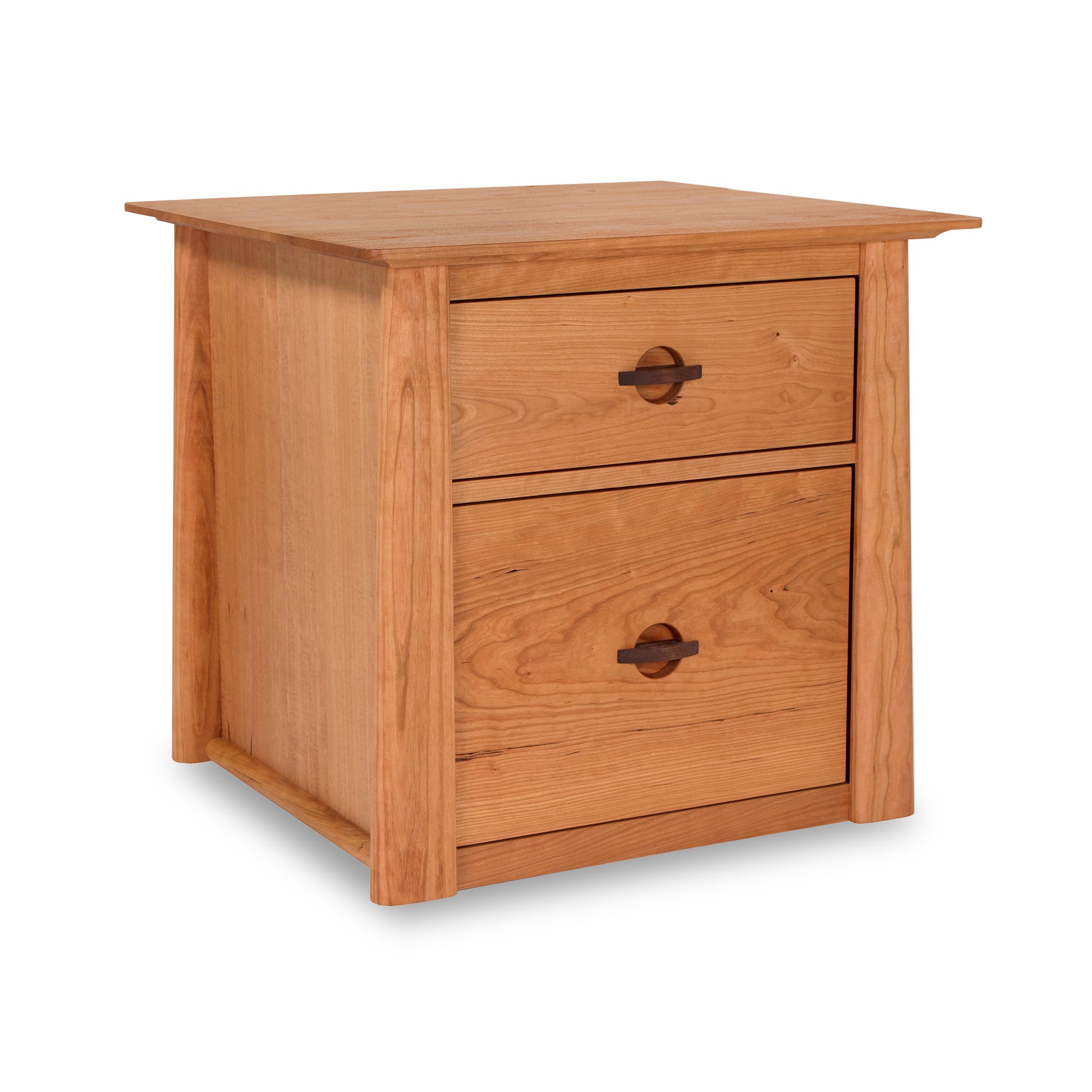 Solid wood nightstand by Maple Corner Woodworks with two drawers and round metal handles, showcasing the elegant Cherry Moon style.