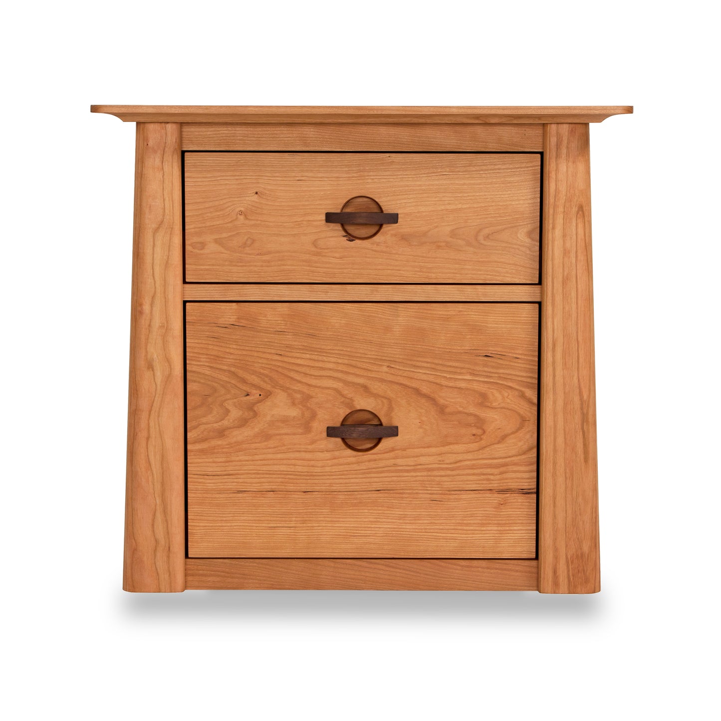 Solid wood nightstand with two drawers and circular handles, featuring a natural finish and minimalist design similar to the Cherry Moon File Cabinet by Maple Corner Woodworks.