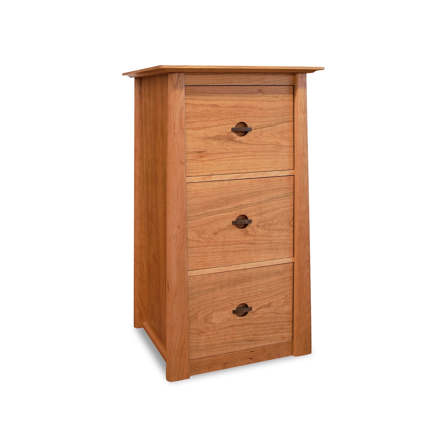 Solid wood dresser with three drawers and round metal handles, inspired by the Cherry Moon File Cabinet from Maple Corner Woodworks.