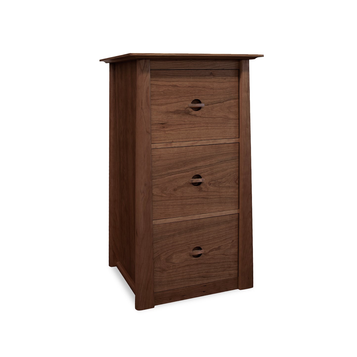 Three-drawer solid wood file cabinet by Maple Corner Woodworks with circular cut-out handles, showcasing the Cherry Moon elegance.