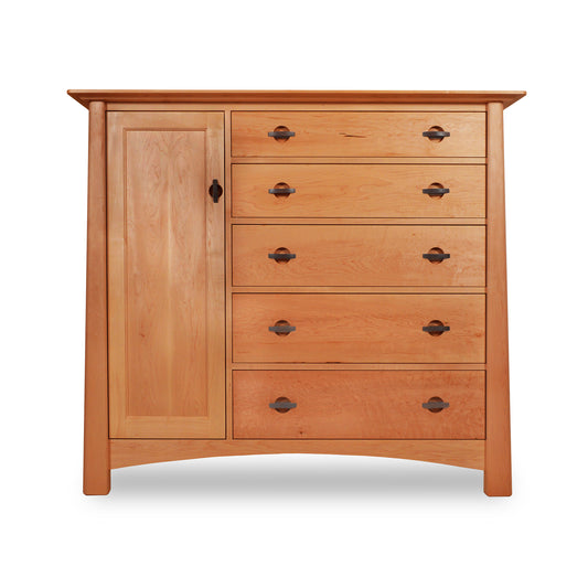 A Cherry Moon Gent's Chest by Maple Corner Woodworks with a closed cabinet on the left and seven drawers with round knobs, standing against a plain white background.
