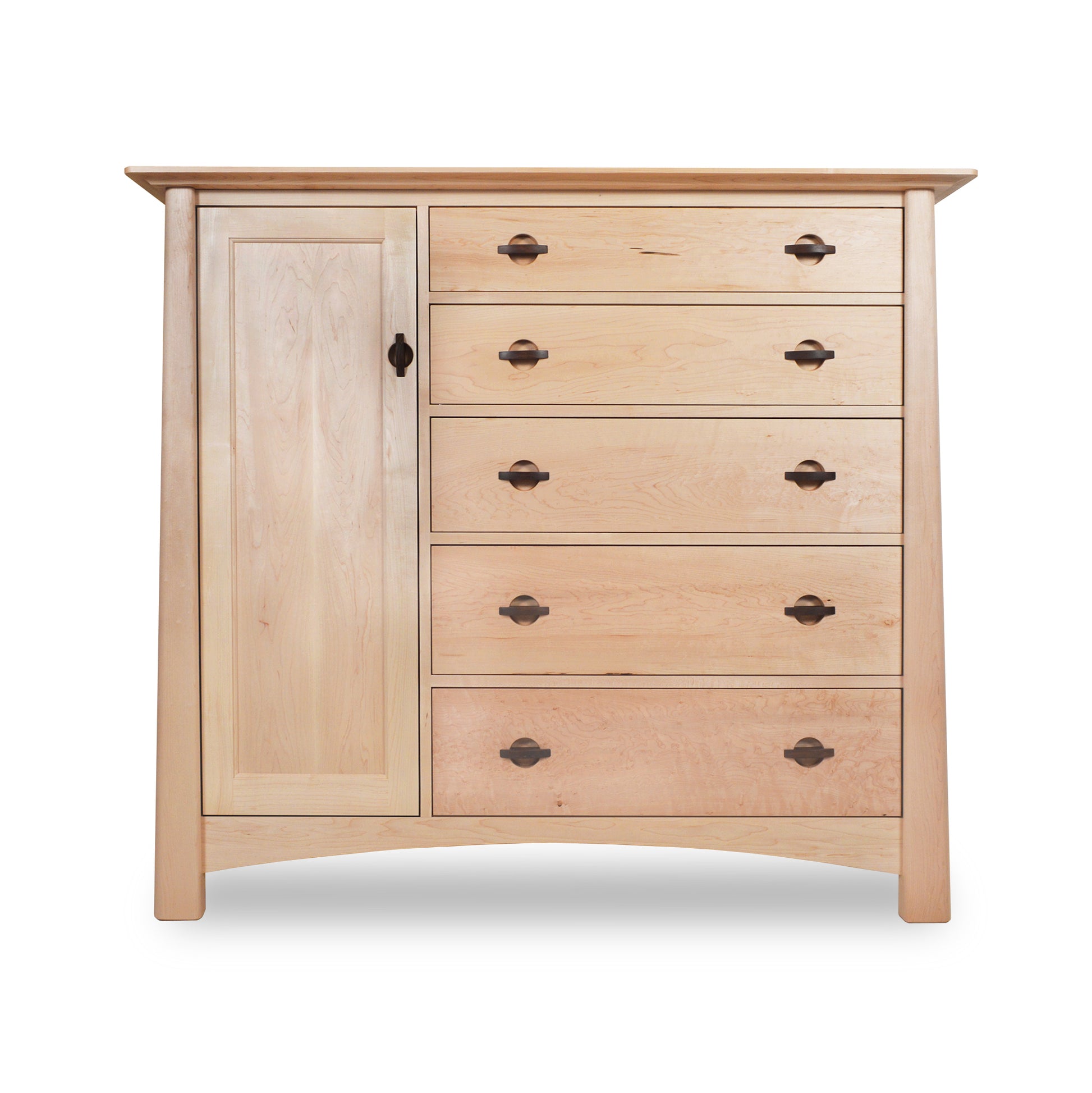 A solid wood Maple Corner Woodworks Cherry Moon Gent's Chest with a single door on the left and five drawers on the right, set against a white background.