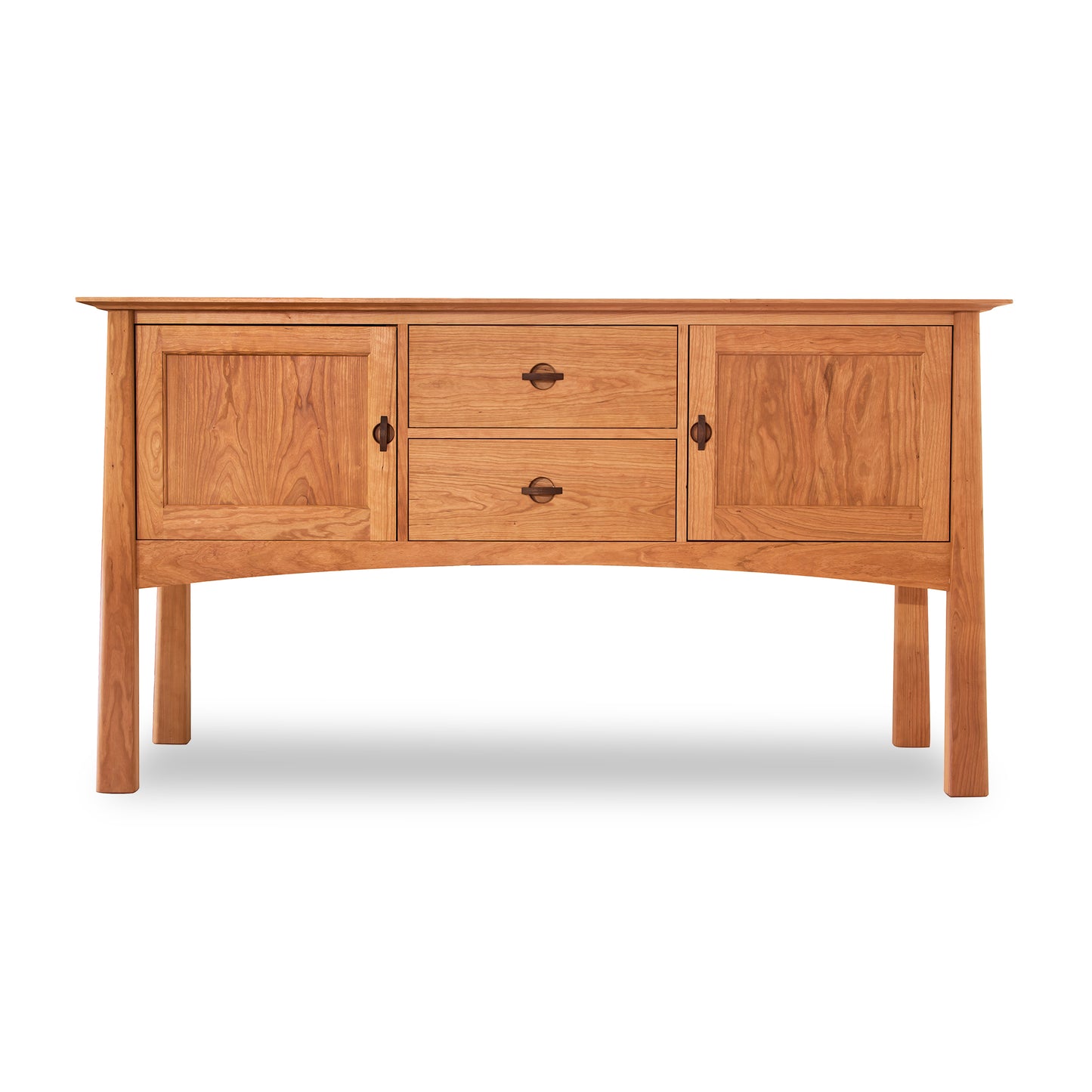 Wooden huntboard from the Cherry Moon Furniture Collection by Maple Corner Woodworks, featuring two cabinet doors, two central drawers with round handles, and subtly curved legs, exemplifying understated luxury.