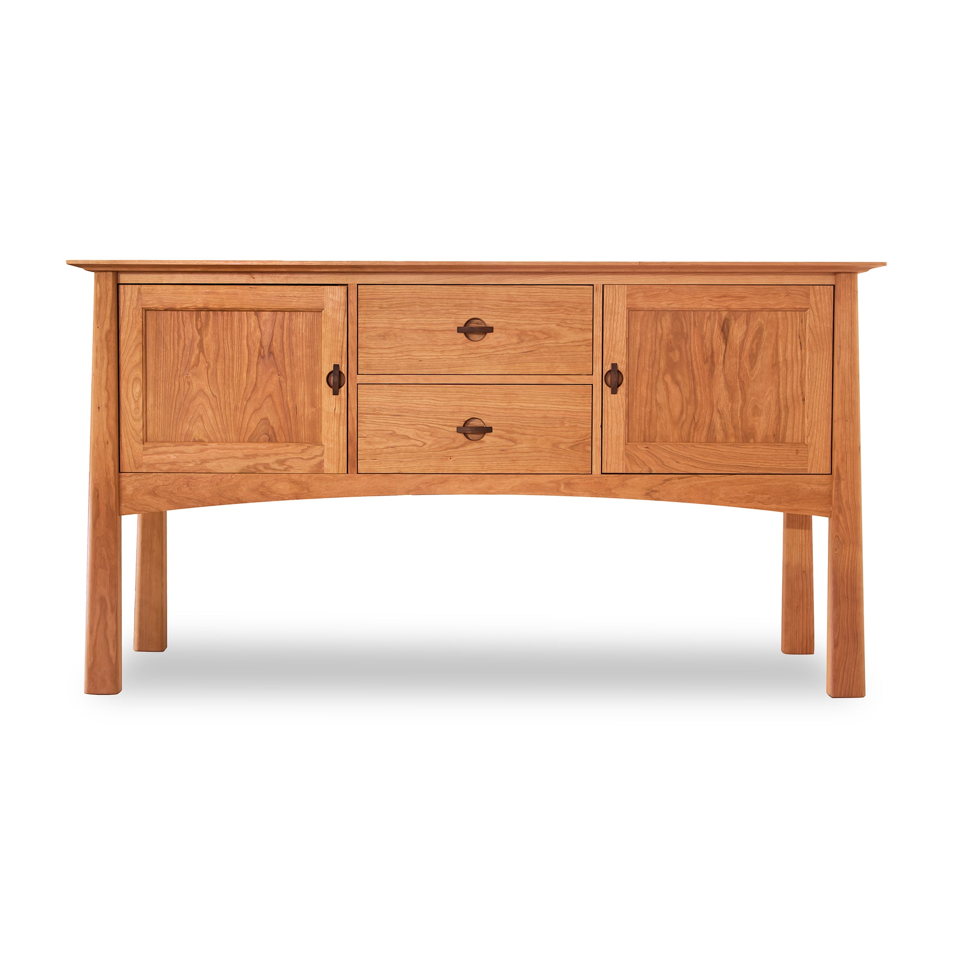 Wooden huntboard from the Cherry Moon Furniture Collection by Maple Corner Woodworks, featuring two cabinet doors, two central drawers with round handles, and subtly curved legs, exemplifying understated luxury.