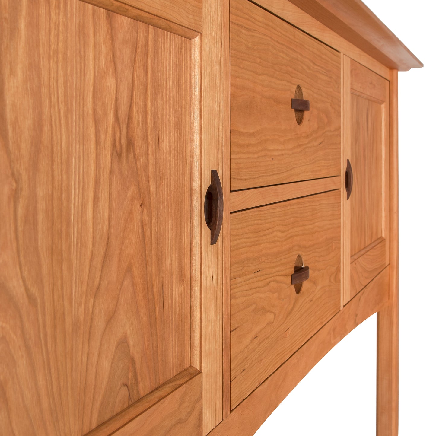 Cherry Moon Huntboard by Maple Corner Woodworks, featuring an Asian design with two drawers and two cabinet doors, highlighted by elegant dark metal handles.