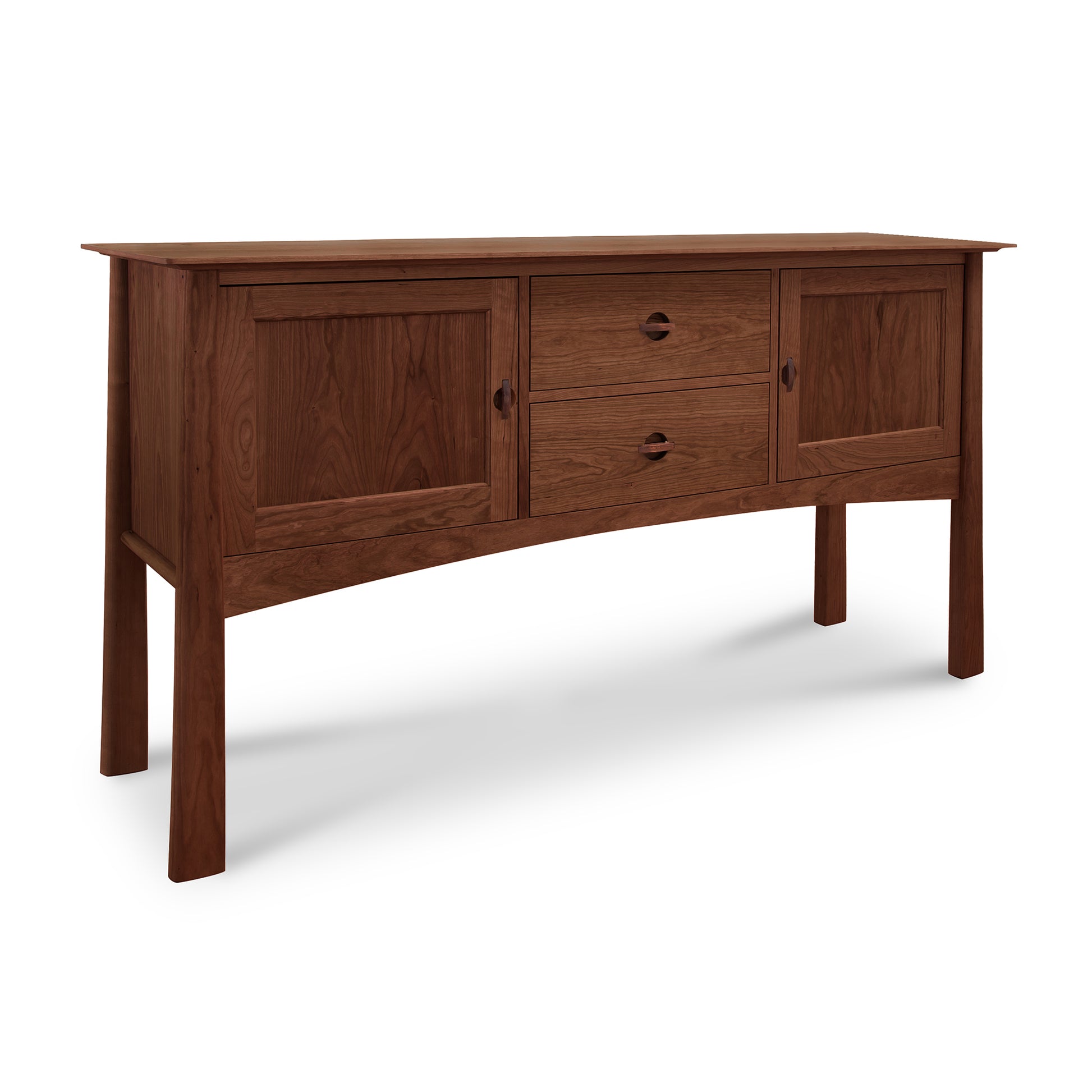 Cherry Moon Huntboard by Maple Corner Woodworks, showcasing an Asian-inspired design with two cabinet doors, two drawers, minimalist handles, and a subtly curved base.