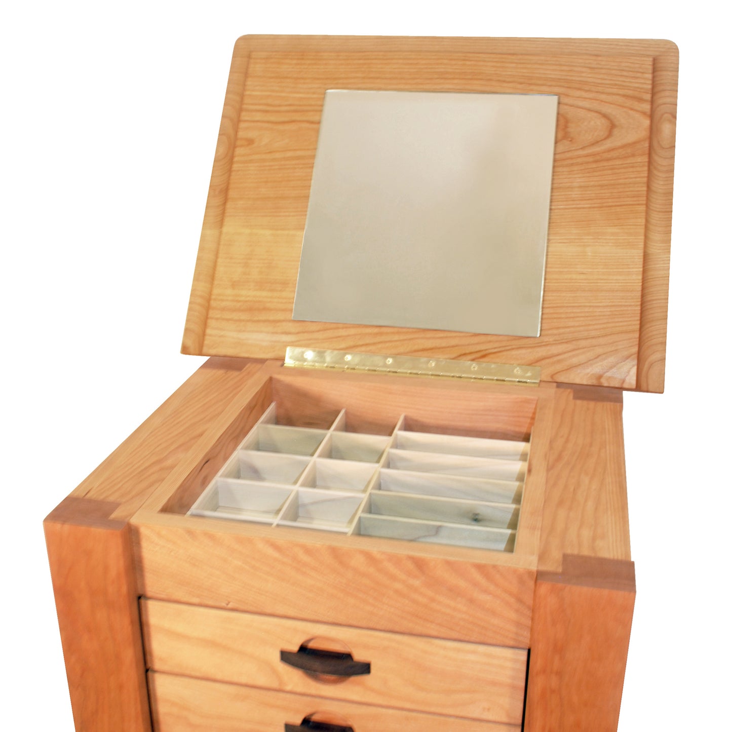 An open Maple Corner Woodworks Cherry Moon Jewelry Cabinet with multiple compartments and a mirror on the inside of the lid.