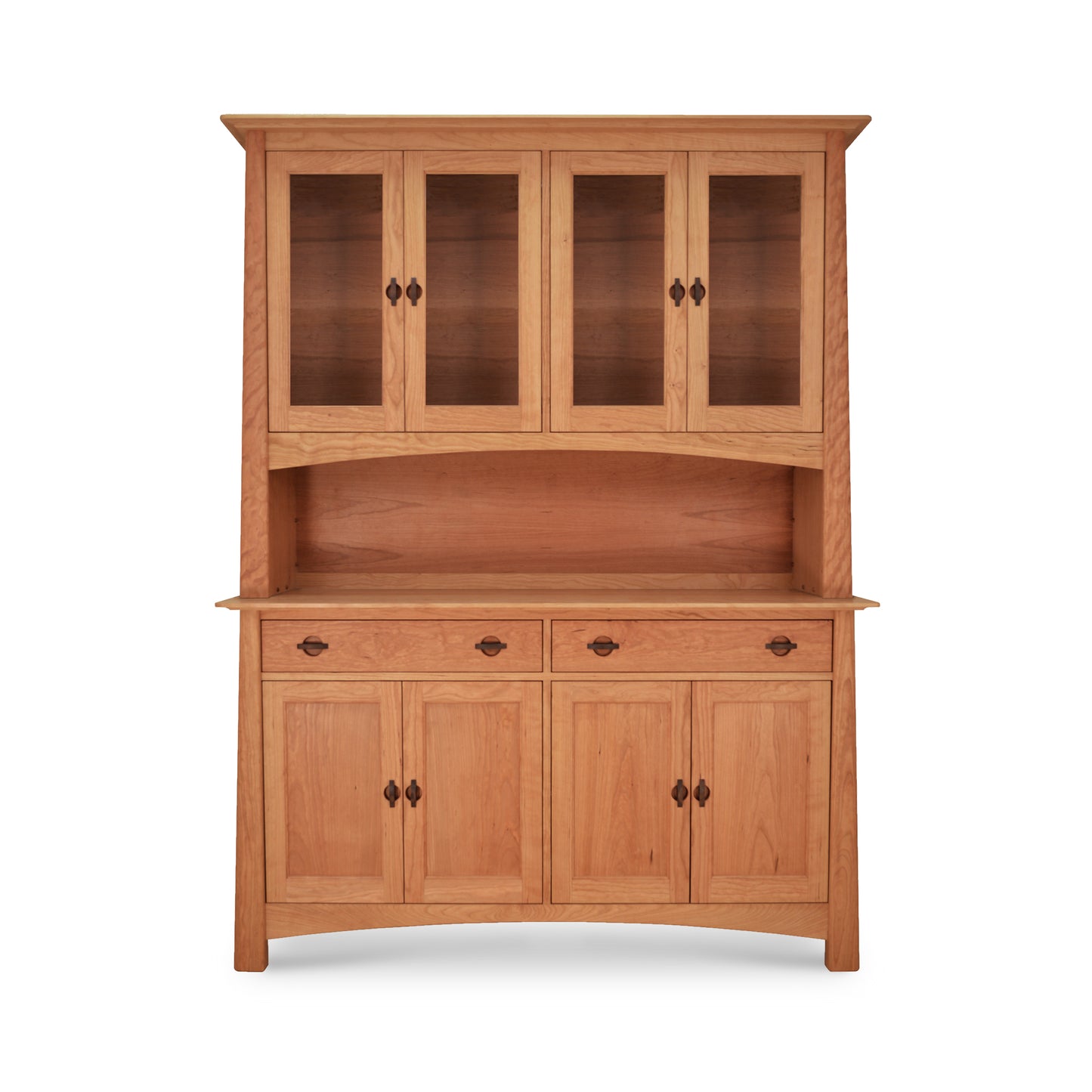 Cherry Moon Large China Cabinet by Maple Corner Woodworks, with upper glass cabinets, lower solid wood cabinets, and three center drawers in elegant Asian style.