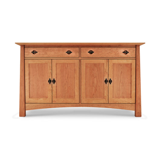 A Maple Corner Woodworks Cherry Moon Large Sideboard with a smooth, eco-friendly oil finish, featuring three upper drawers and three lower cabinets with black metal handles, all set against a plain white background.