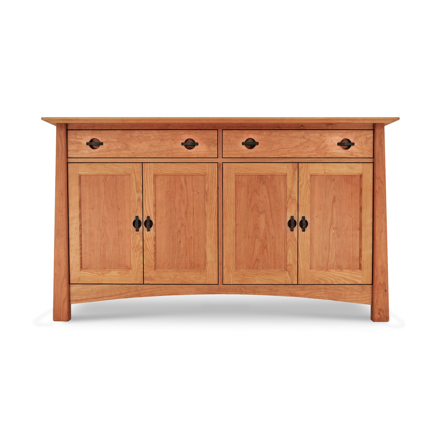 Cherry Moon Large Sideboard crafted from sustainably harvested hardwoods with eco-friendly oil finish, featuring two upper drawers and four cabinet doors with black handles.
