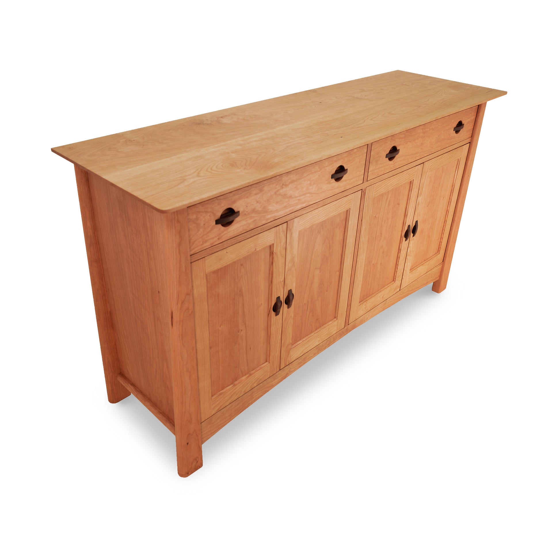 A large Maple Corner Woodworks Cherry Moon sideboard-buffet with three drawers and three cabinet doors, featuring black metal handles and standing on a flat base, isolated on a white background.
