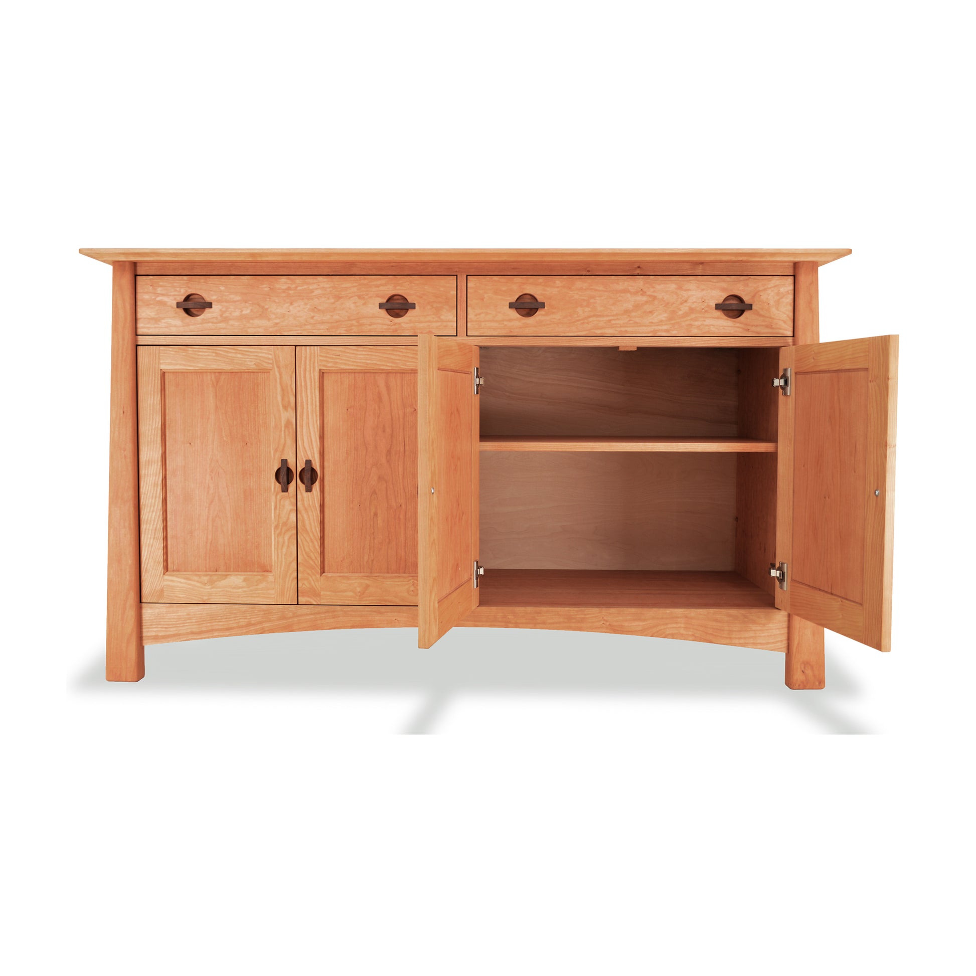 A Cherry Moon Large Sideboard by Maple Corner Woodworks with an eco-friendly oil finish, featuring an open central storage compartment, flanked by two closed cabinets, and three small drawers above the cabinets, all against a white background.