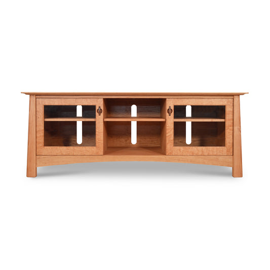 Cherry Moon 68" TV Console by Maple Corner Woodworks, crafted in natural cherry with glass-paneled cabinet doors and middle open shelves, showcasing elegant and functional Vermont-made design.