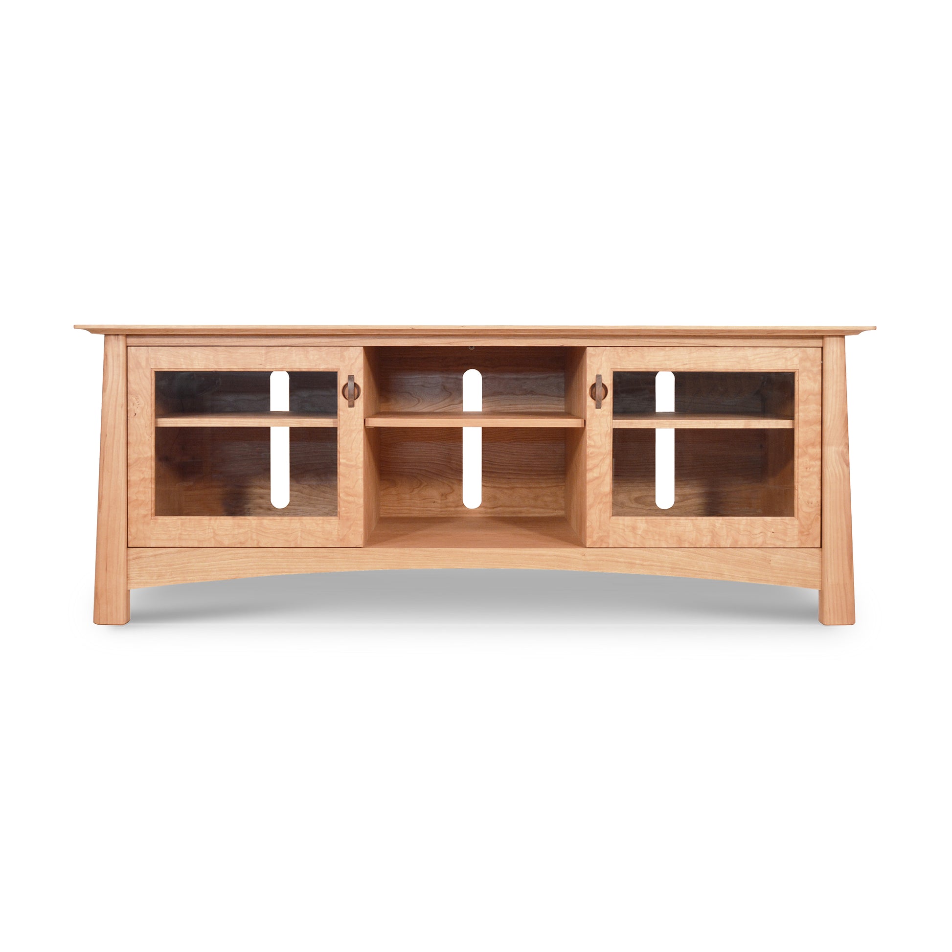 A Maple Corner Woodworks Cherry Moon 68" TV Console with a curved front and three compartments each featuring a white handle on a glass door, set against a white background.