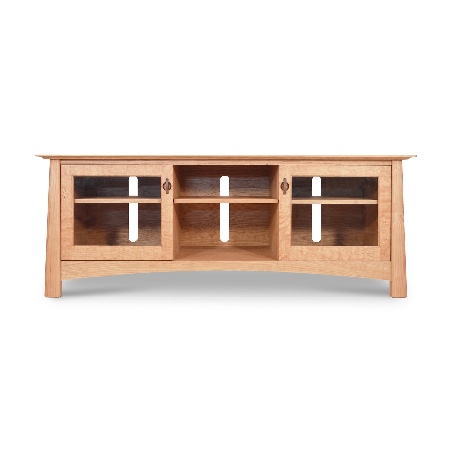 Cherry Moon 68" TV Console by Maple Corner Woodworks featuring a natural cherry finish, glass-paneled doors, two interior shelves, and two open center shelves.