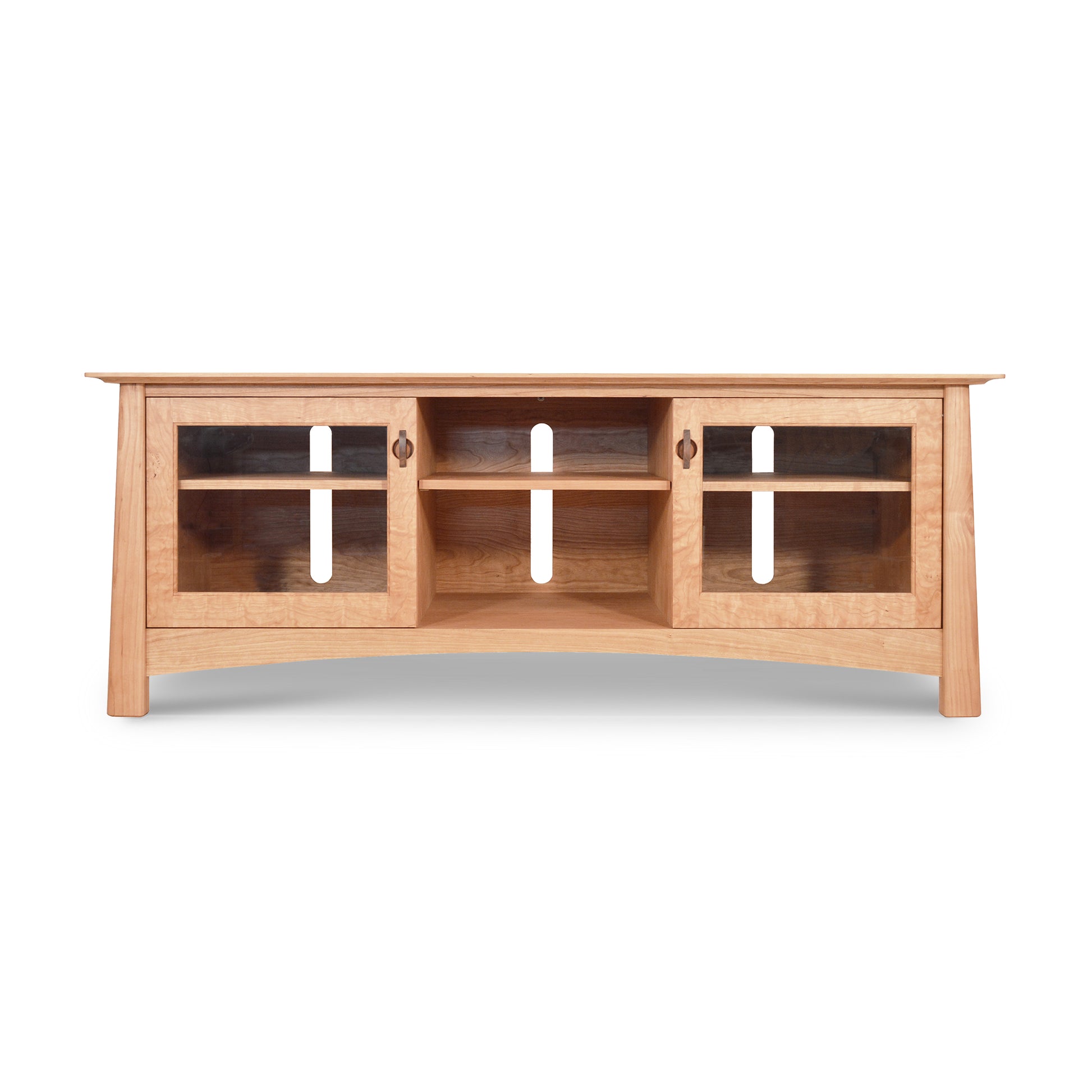Cherry Moon 68" TV Console by Maple Corner Woodworks featuring a natural cherry finish, glass-paneled doors, two interior shelves, and two open center shelves.