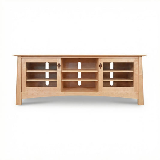 Cherry Moon 68" TV console by Maple Corner Woodworks with glass-door cabinets and open shelves, handcrafted in solid cherry for stylish, American made media storage.
