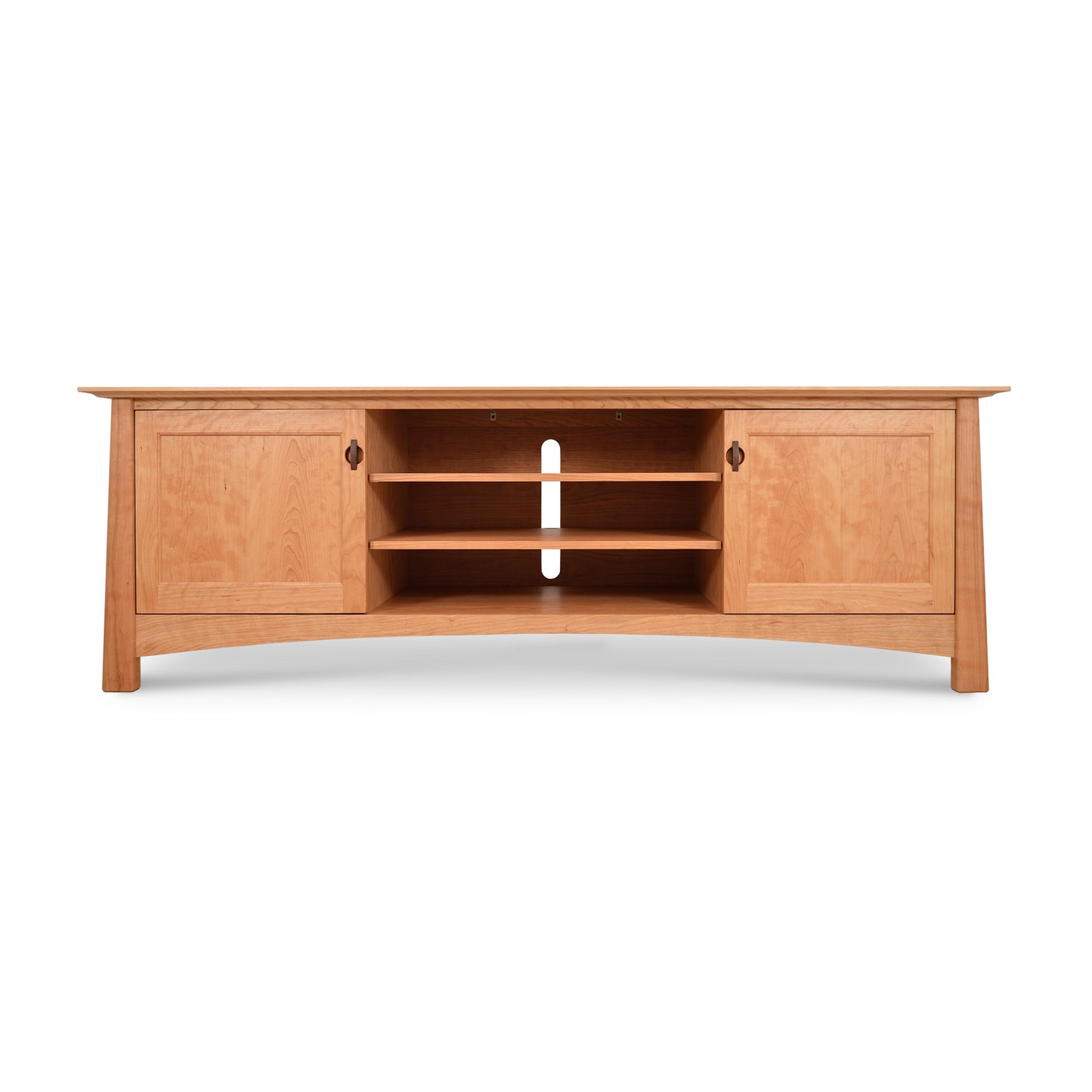Cherry Moon 80" TV-Media Console featuring an elegant curved base, two side cabinets, and three central open shelves, crafted from light-colored wood as part of the Cherry Moon Furniture Collection by Maple Corner Woodworks.