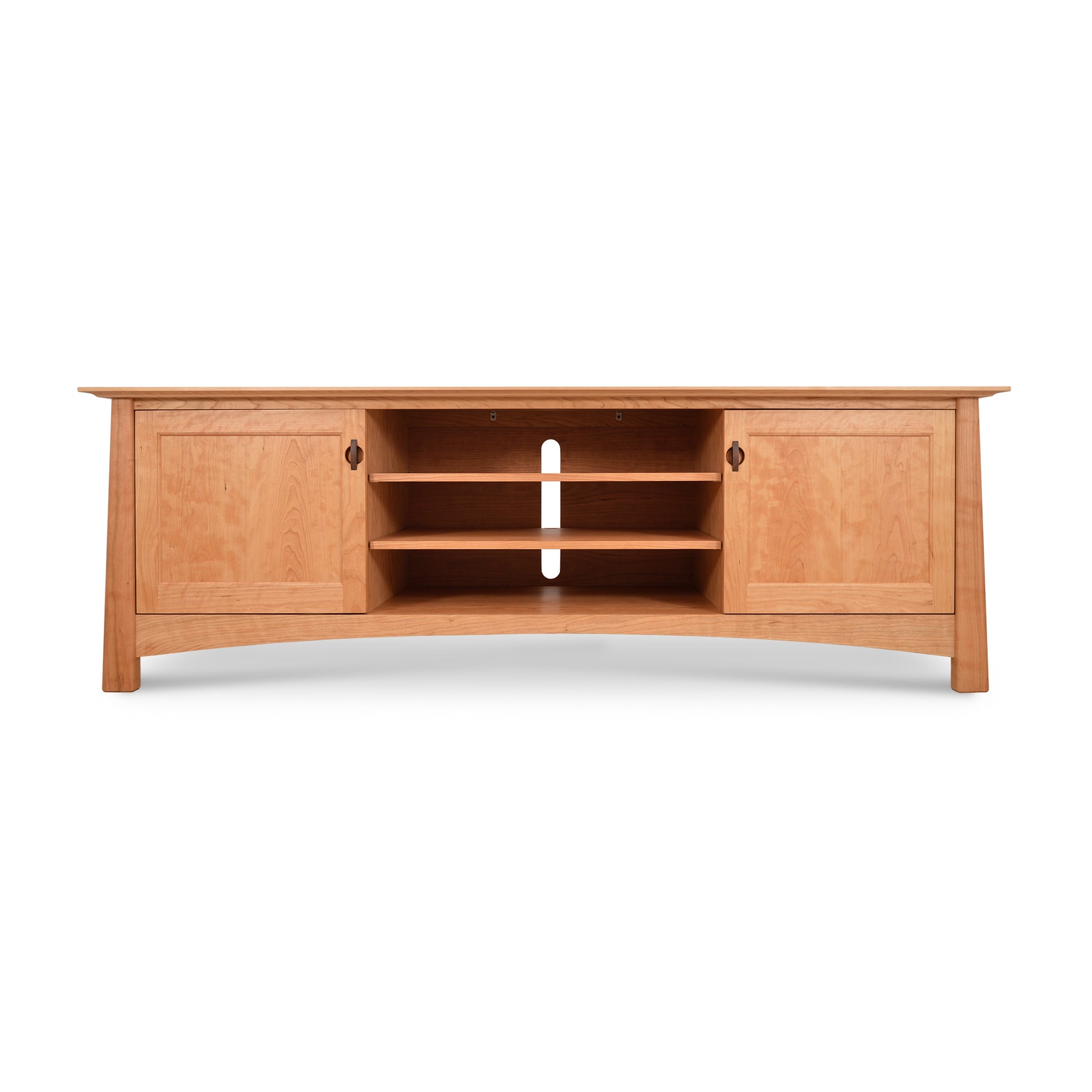 Cherry Moon 80" TV-Media Console featuring an elegant curved base, two side cabinets, and three central open shelves, crafted from light-colored wood as part of the Cherry Moon Furniture Collection by Maple Corner Woodworks.